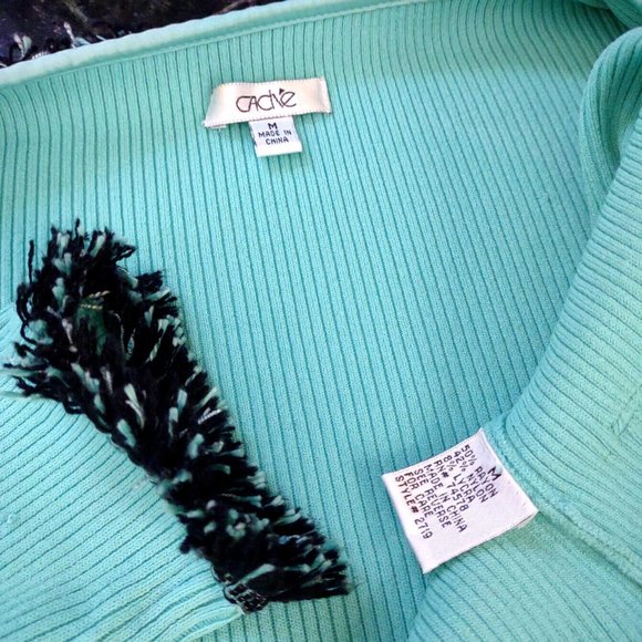 Cache Aqua Black Fringe Ribbed Zip Cardigan Sweater 6 S M - Picture 9 of 9